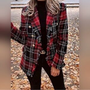 Zara Red and Black Plaid Blazer